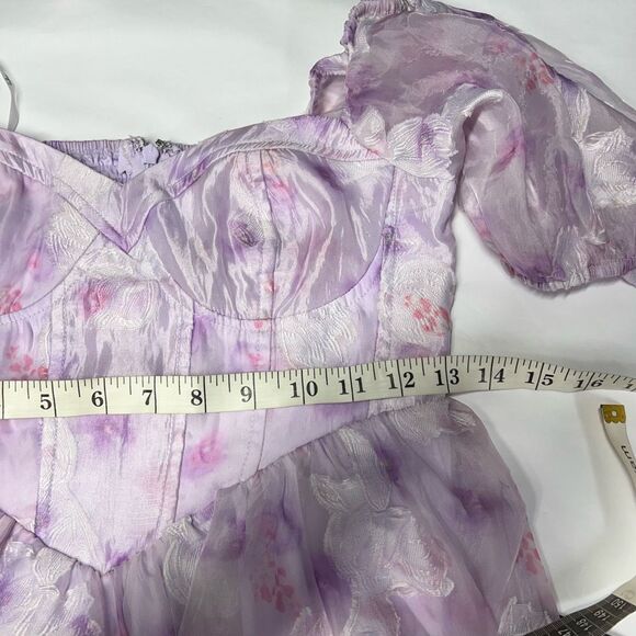 Lulus Darling Behavior Lavender Floral Burnout Puff Sleeve Mini Dress Size S NWT - Picture 11 of 14